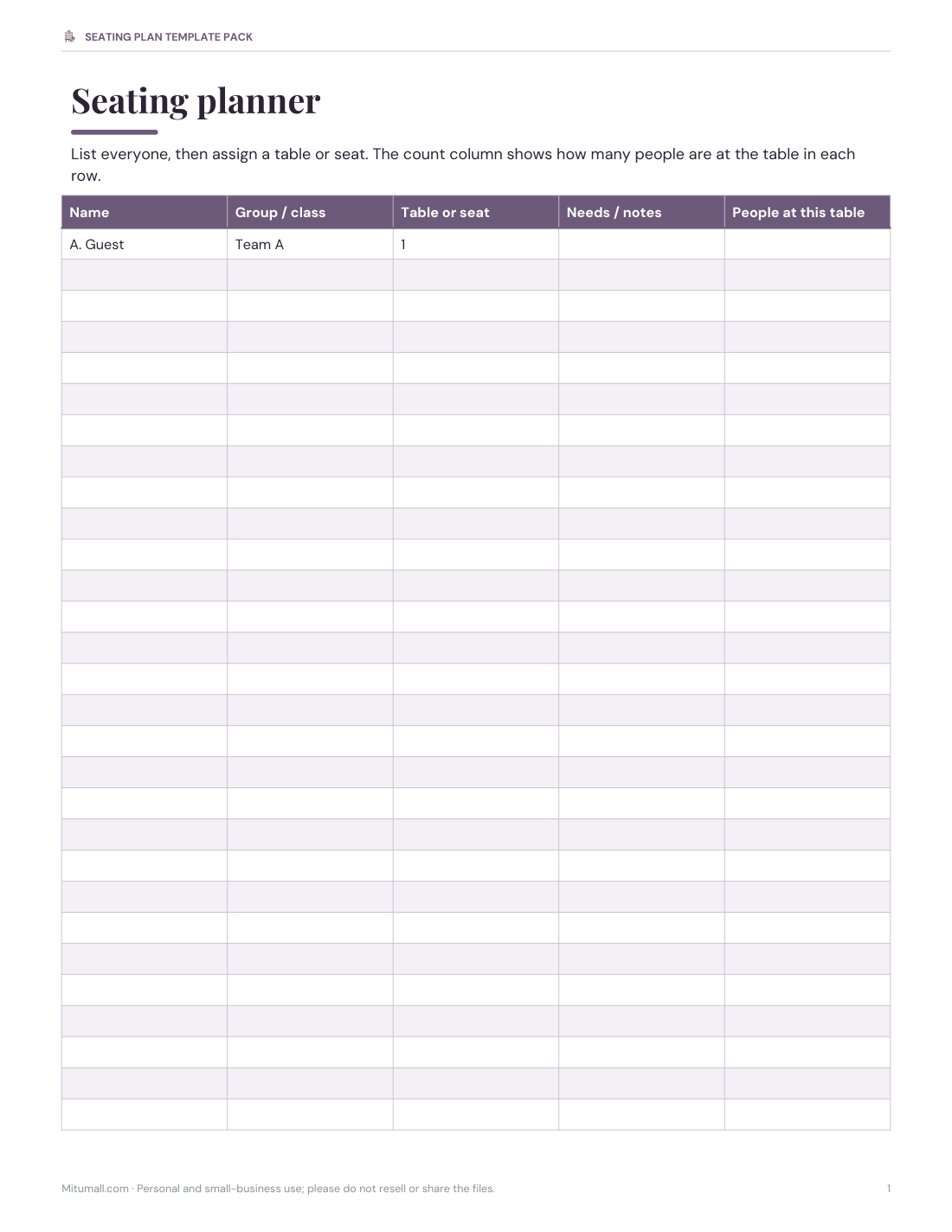 Preview of the first page of Seating planner (XLSX)